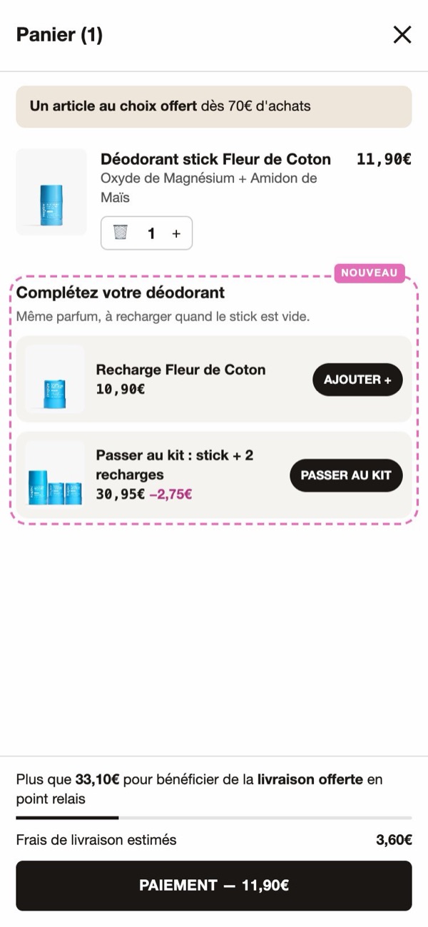 Après : le panier propose la recharge Fleur de Coton et le passage au kit stick + 2 recharges