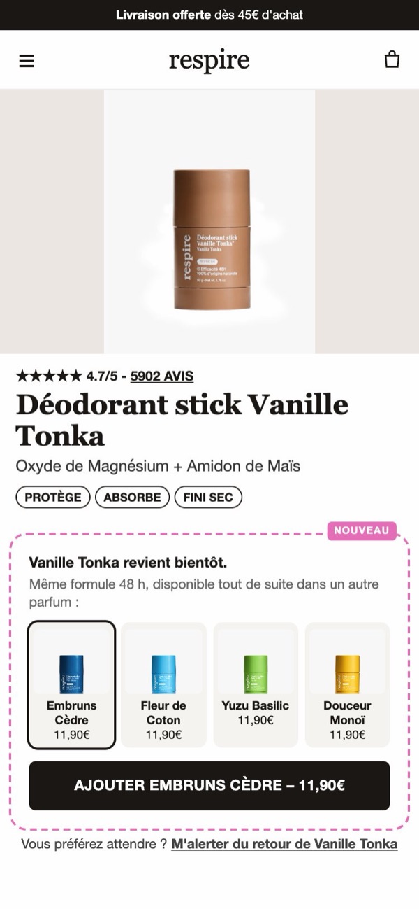 Après : la page propose quatre autres parfums disponibles et garde l'alerte de retour en lien secondaire