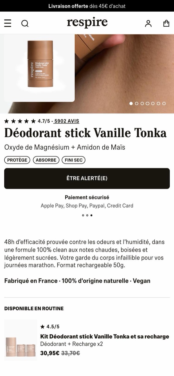 Page produit Vanille Tonka en rupture : seul un bouton Être alerté(e) est proposé