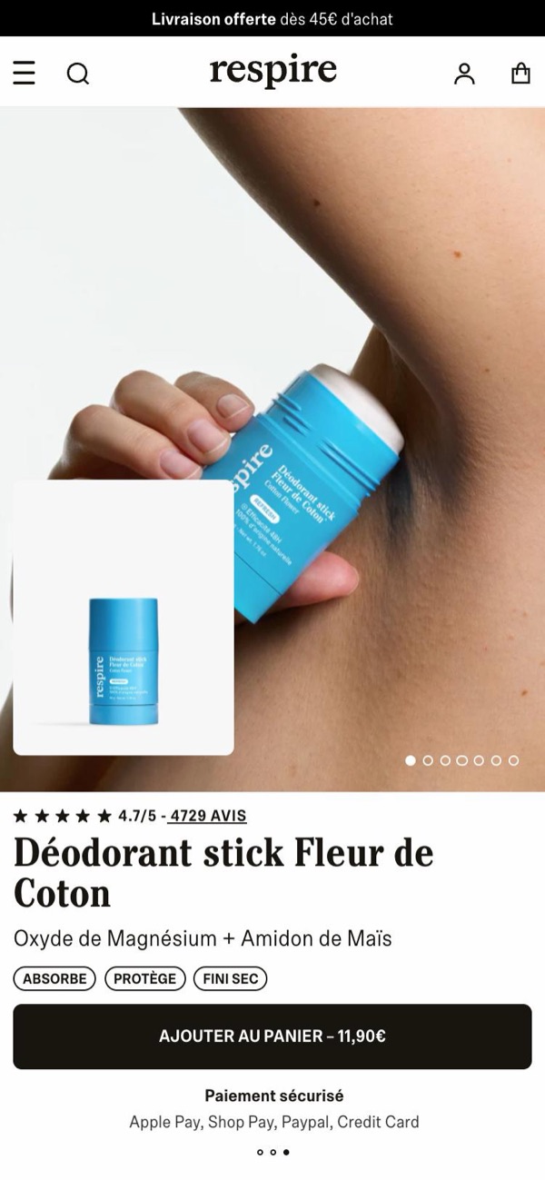 Page produit Respire sur mobile : note, titre et bouton Ajouter au panier visibles dès l'arrivée