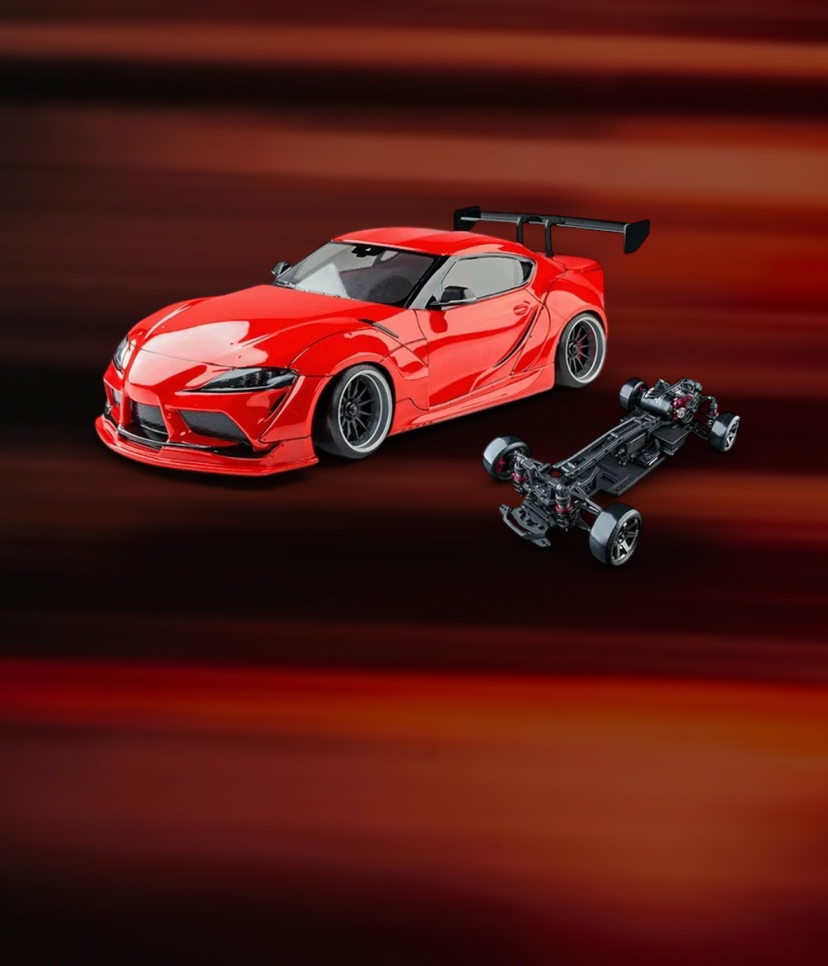 Voiture RC drift Toyota Supra rouge et son châssis sur fond de traînées lumineuses rouges