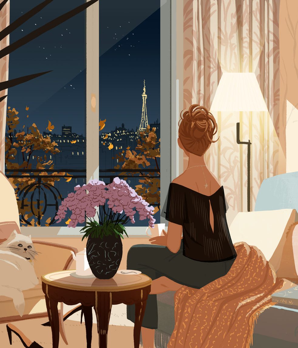 Illustration de Matthieu Forichon : une femme regarde la tour Eiffel depuis un salon de l'hôtel Le Bristol, une nuit d'automne