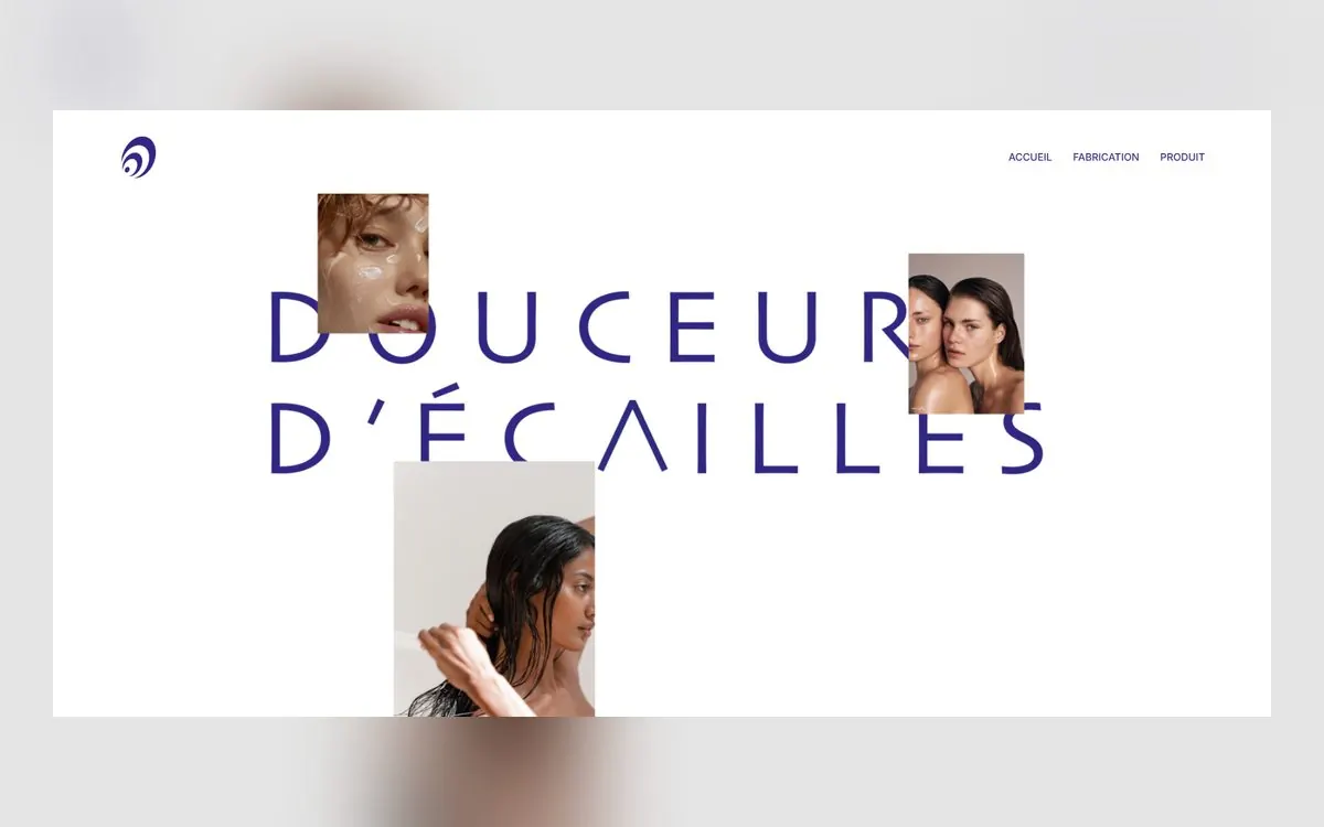Page d'accueil du site Douceur d'Écailles, typographie bleu marine et portraits