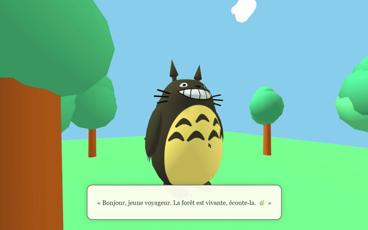 Monde 3D inspiré de Ghibli avec arbres, prairie et Totoro