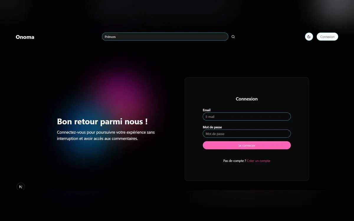 Écran de connexion d'Onoma, thème sombre avec halo rose