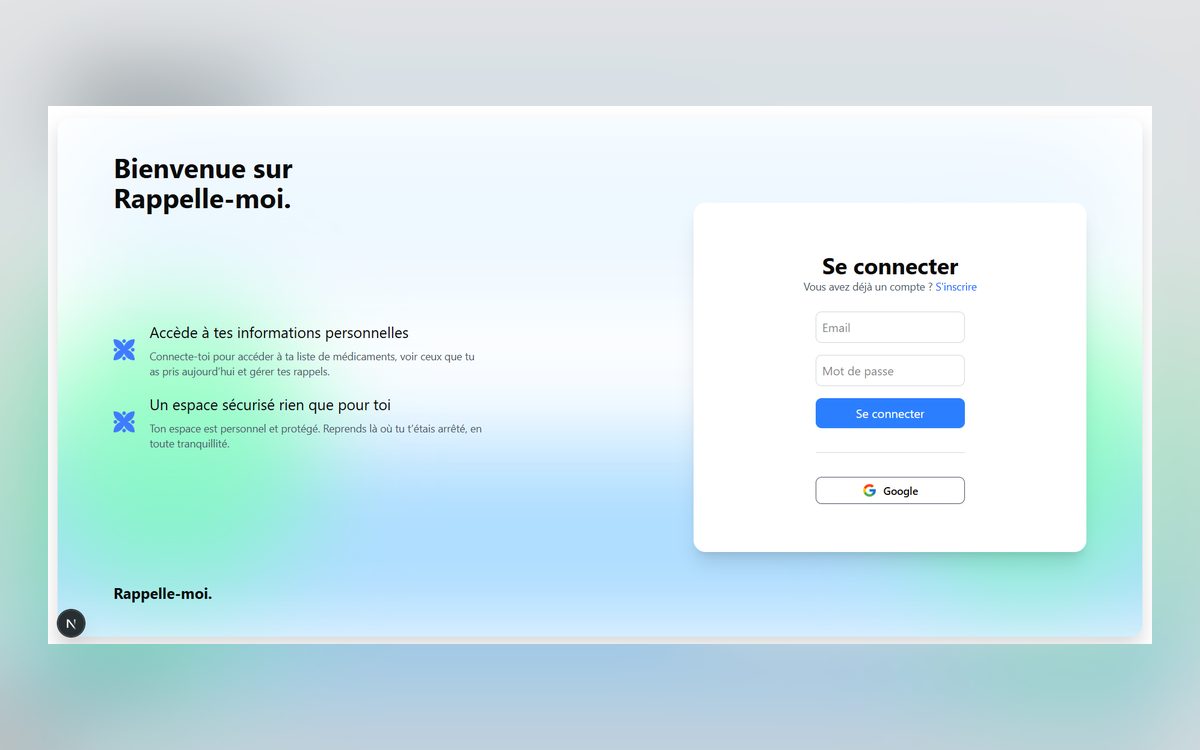 Écran de connexion de l'application Rappelle-moi