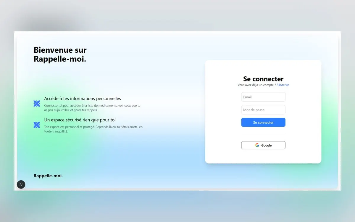 Écran de connexion de l'application Rappelle-moi