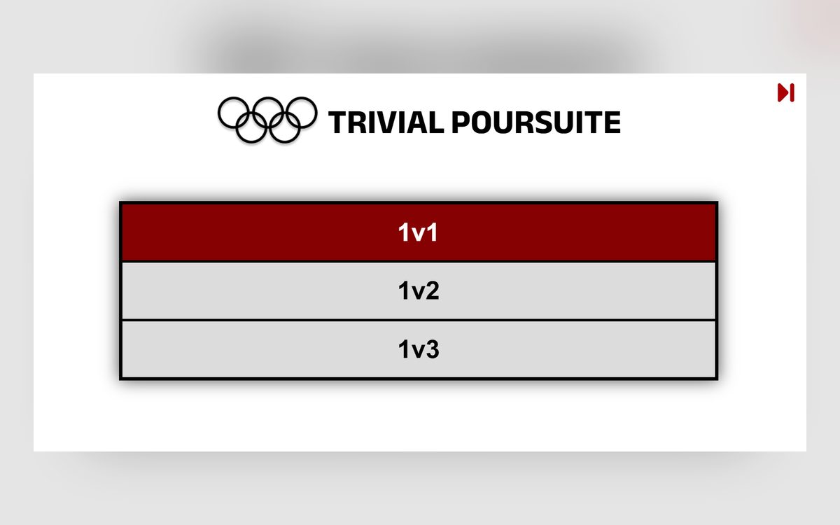 Menu du Trivial Poursuite des Jeux olympiques : modes 1v1, 1v2 et 1v3